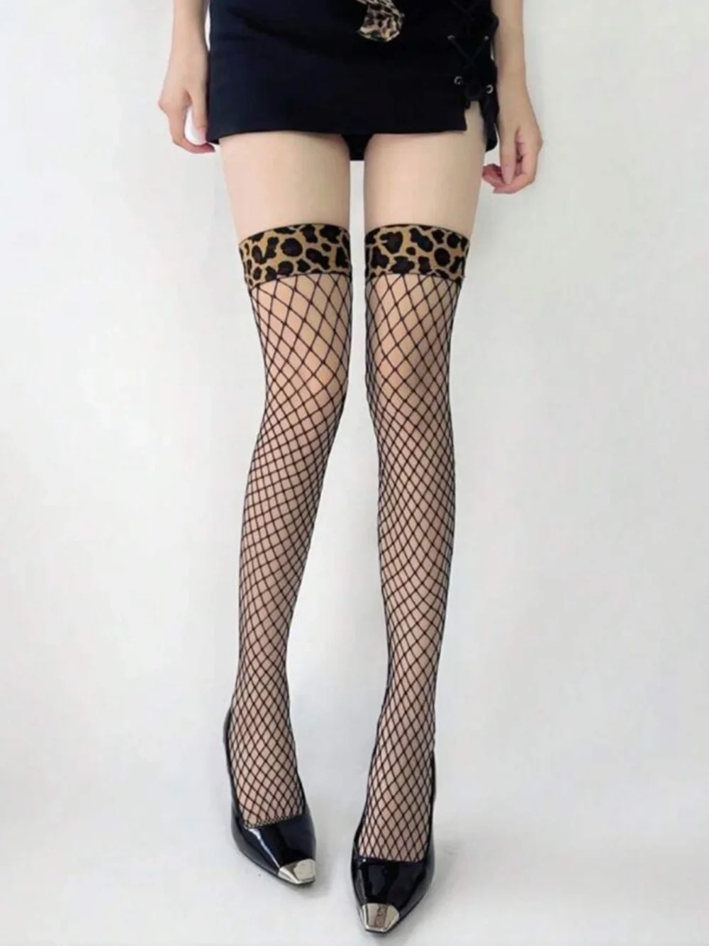 Sheer Black Fishnet Thigh-Highs with Leopard Band